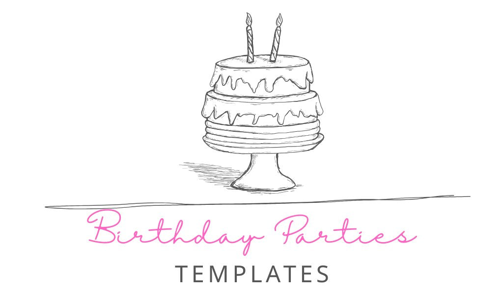 Customizable printable birthday party templates including invitations, planners, stickers, labels, and party supplies.