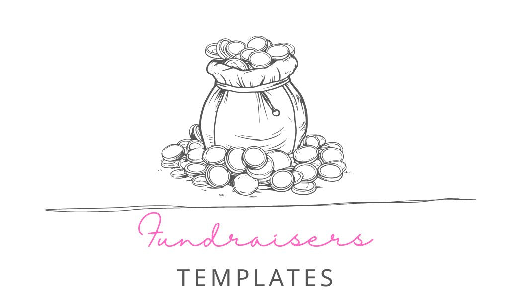 Customizable printable fundraiser templates including invitations, planners, stickers, labels, and event supplies.
