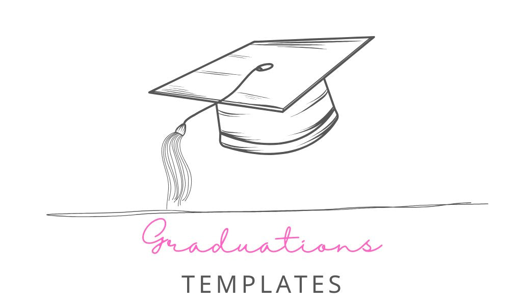 Customizable printable graduation templates including invitations, planners, stickers, labels, and party supplies.