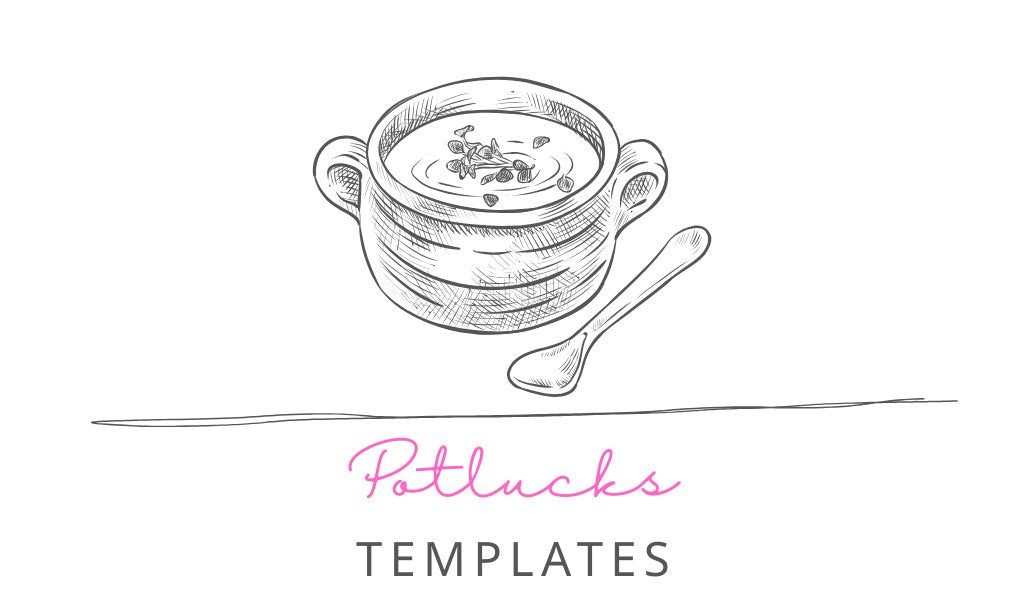 Customizable printable potluck and social gathering templates including invitations, planners, stickers, labels, and party supplies.