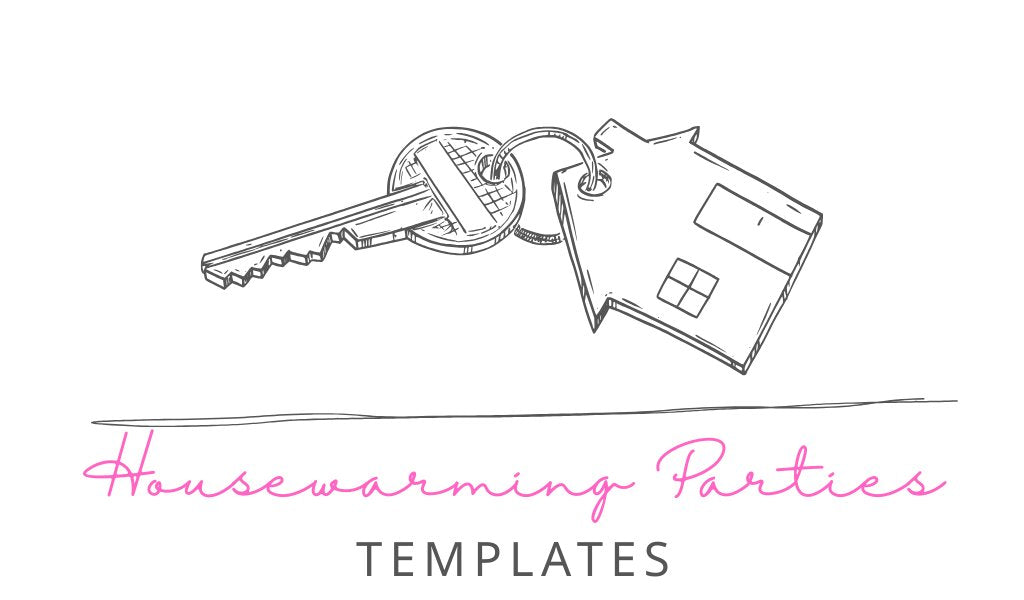 Customizable printable housewarming party templates including invitations, planners, labels, and decor.