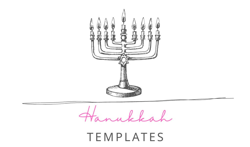 Customizable printable Hanukkah templates including invitations, planners, stickers, labels, and party supplies.