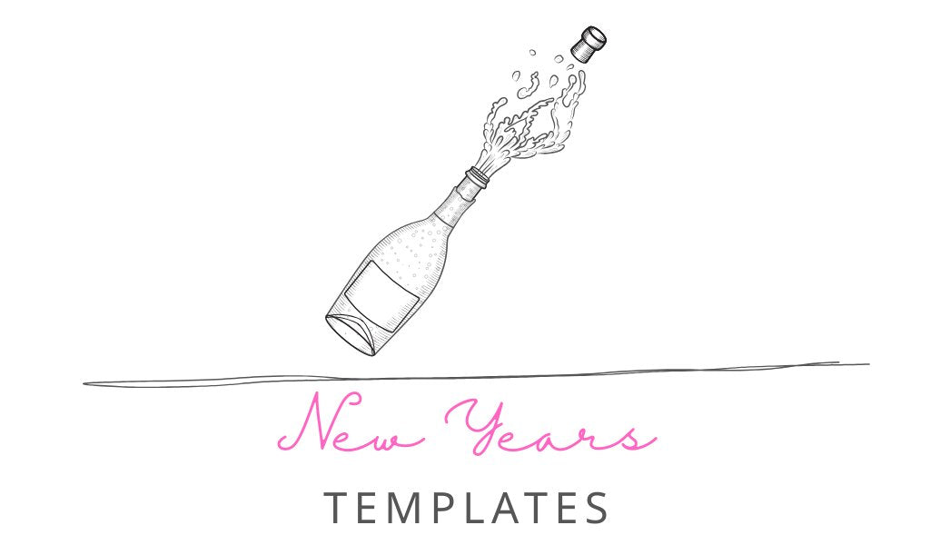 Customizable printable New Year's templates including invitations, planners, stickers, labels, and party supplies.