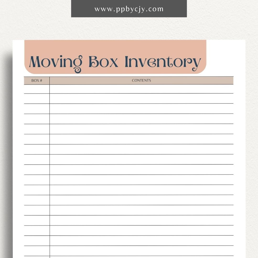 Moving Box Inventory Printable Template – Digital download for cataloging and tracking the contents of each moving box, including descriptions and locations.