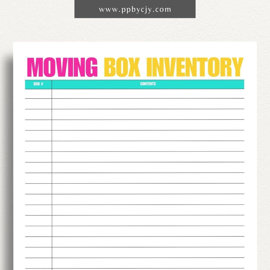 Moving Box Inventory Printable Template – Digital download for cataloging and tracking the contents of each moving box, including descriptions and locations.
