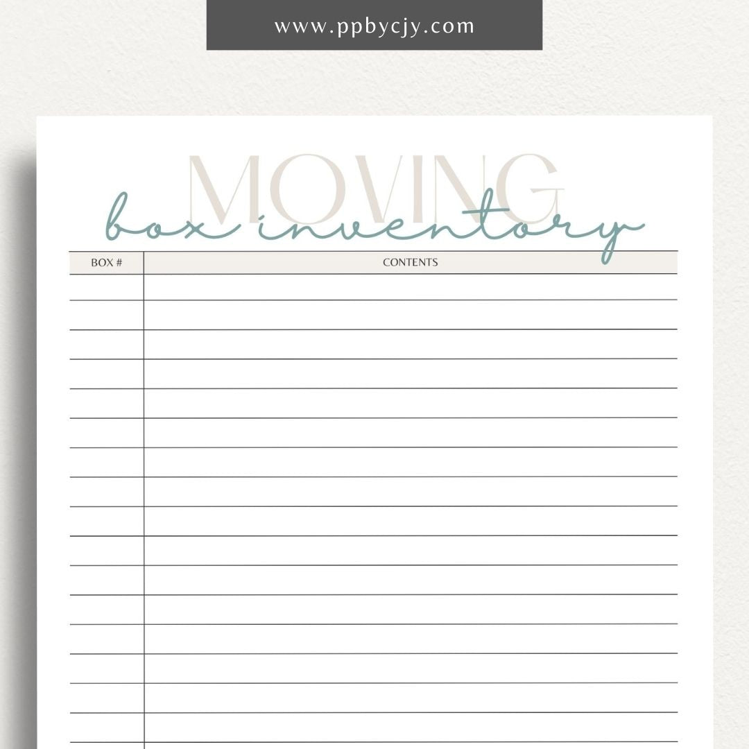 Moving Box Inventory Printable Template – Digital download for cataloging and tracking the contents of each moving box, including descriptions and locations.