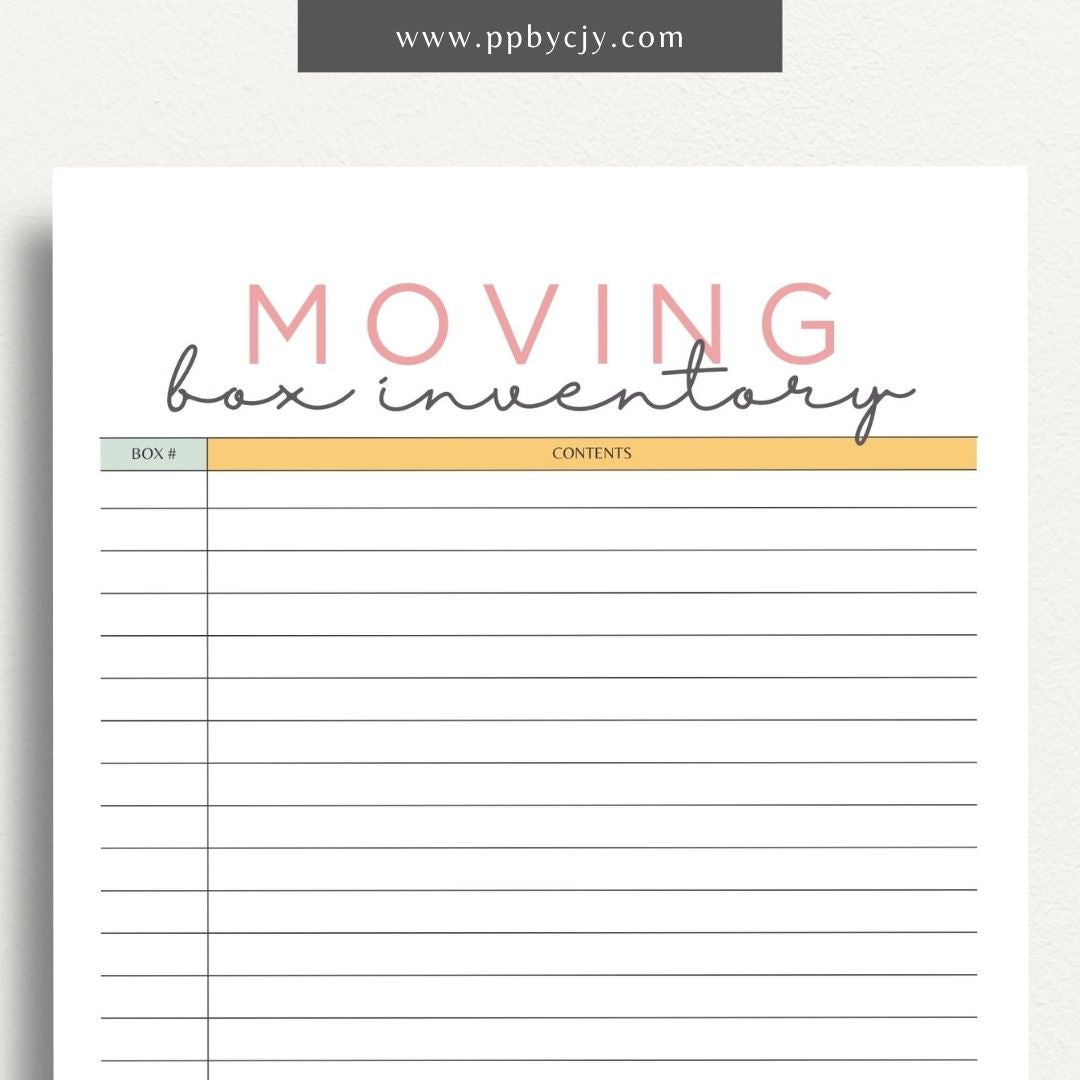 Moving Box Inventory Printable Template – Digital download for cataloging and tracking the contents of each moving box, including descriptions and locations.