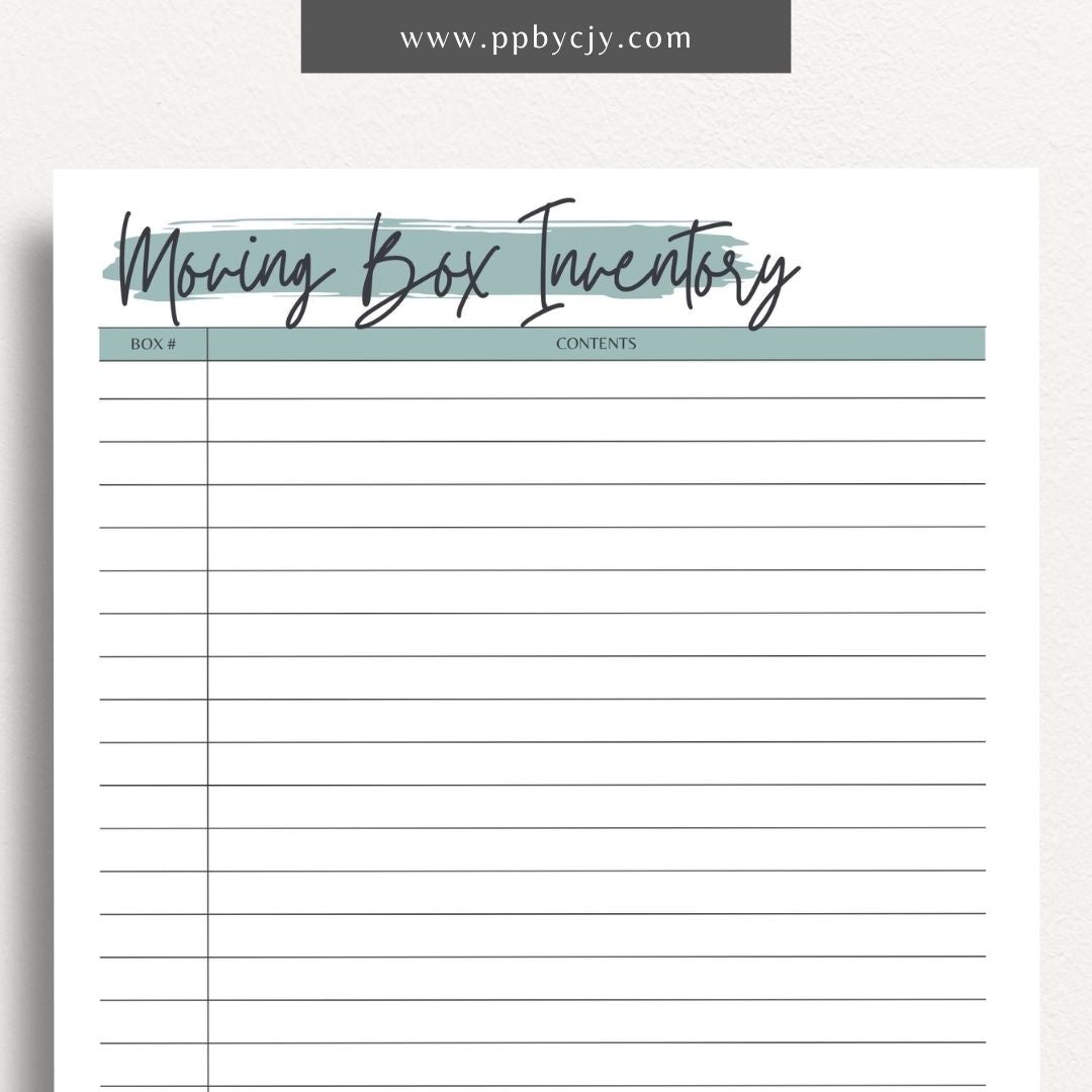 Moving Box Inventory Printable Template – Digital download for cataloging and tracking the contents of each moving box, including descriptions and locations.