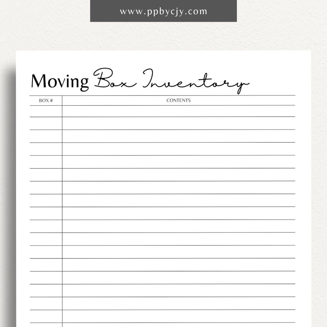 Moving Box Inventory Printable Template – Digital download for cataloging and tracking the contents of each moving box, including descriptions and locations.