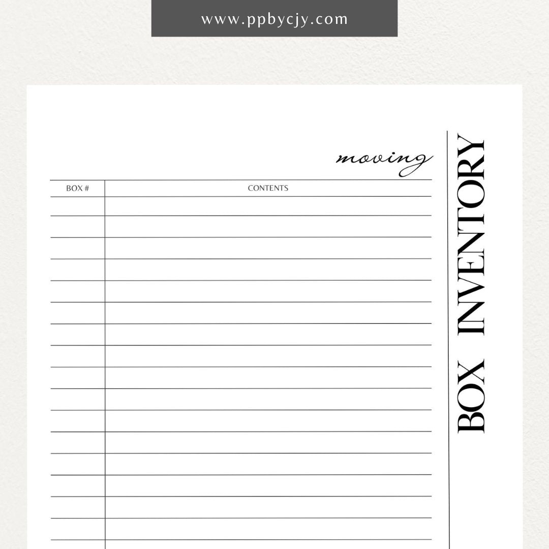 Moving Box Inventory Printable Template – Digital download for cataloging and tracking the contents of each moving box, including descriptions and locations.