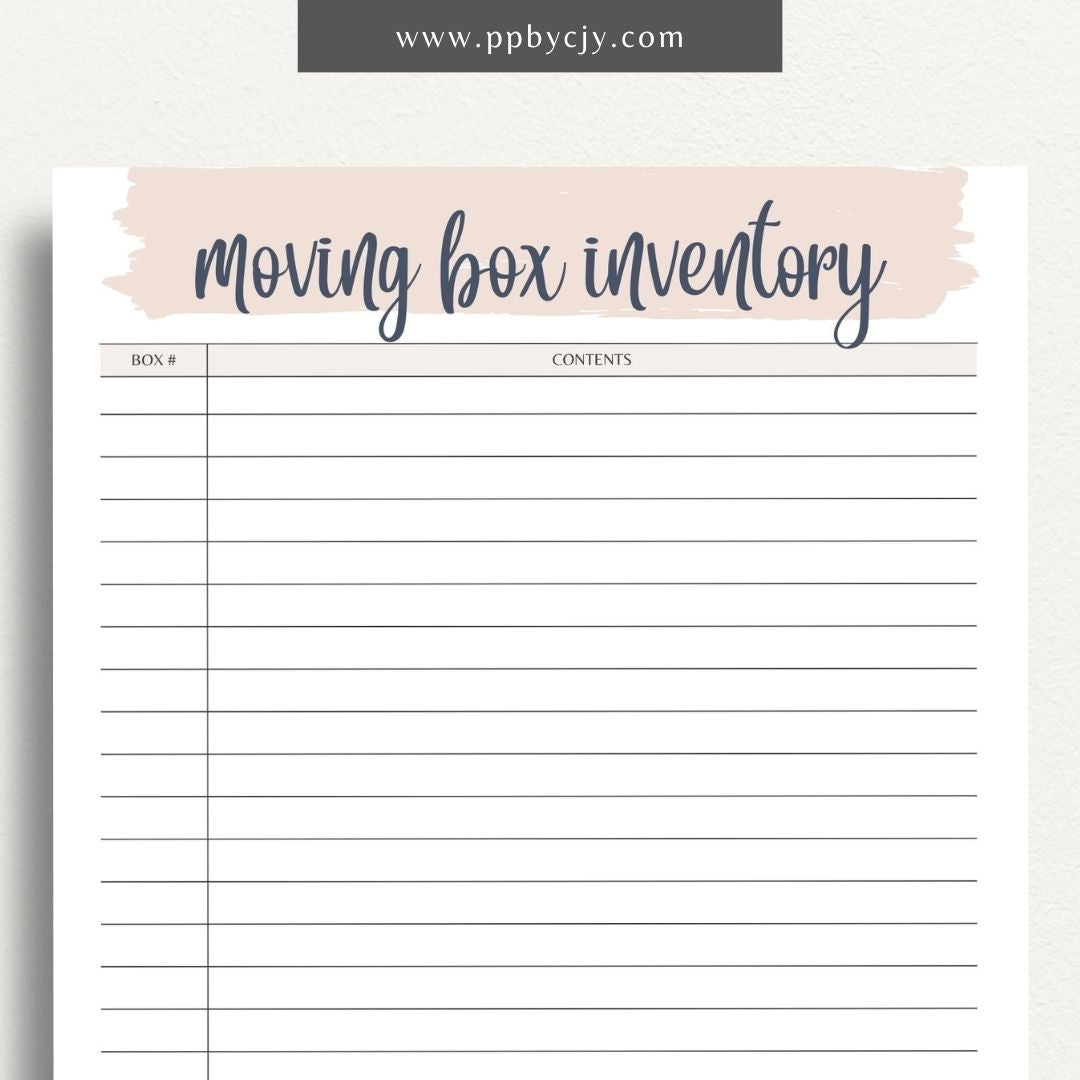Moving Box Inventory Printable Template – Digital download for cataloging and tracking the contents of each moving box, including descriptions and locations.
