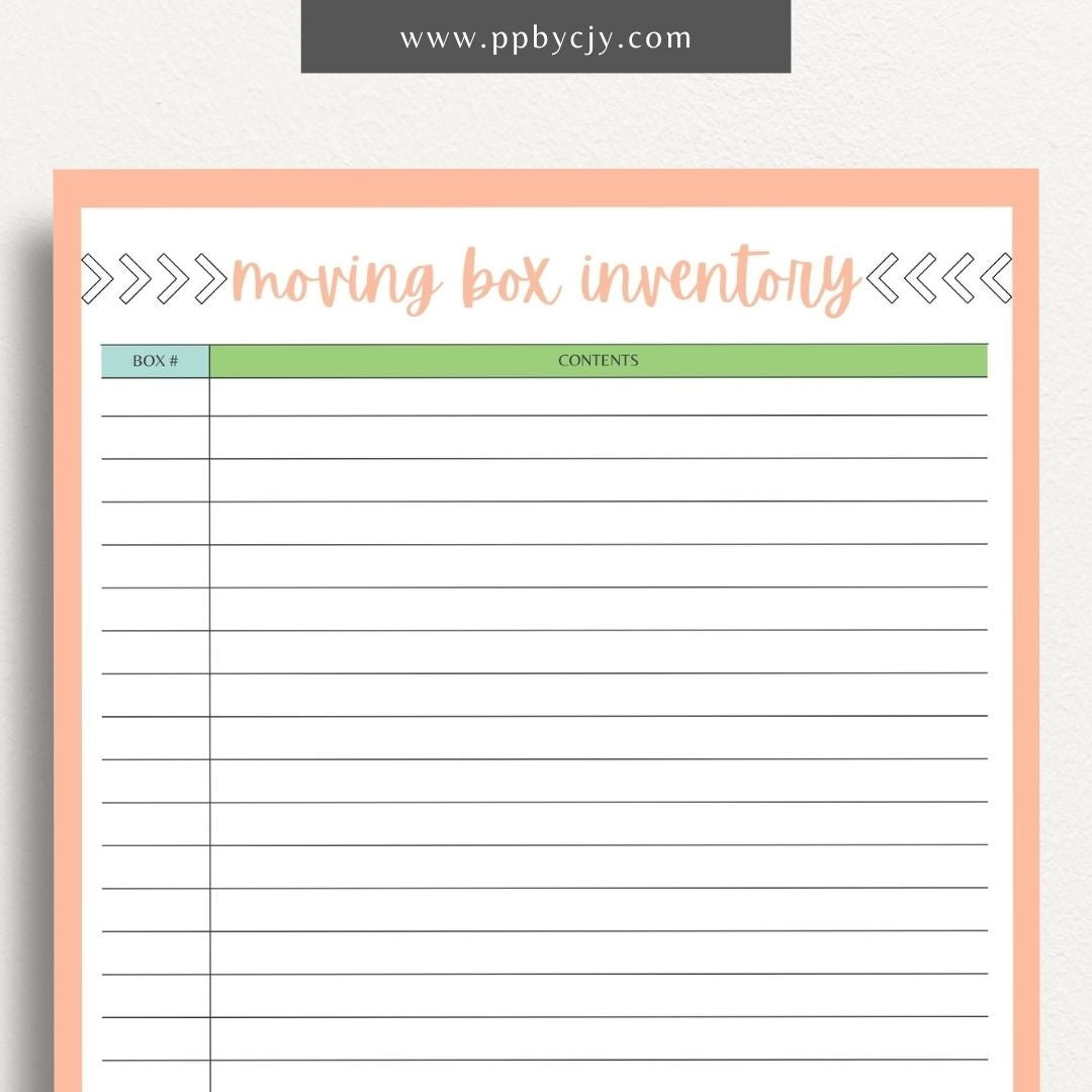 Moving Box Inventory Printable Template – Digital download for cataloging and tracking the contents of each moving box, including descriptions and locations.