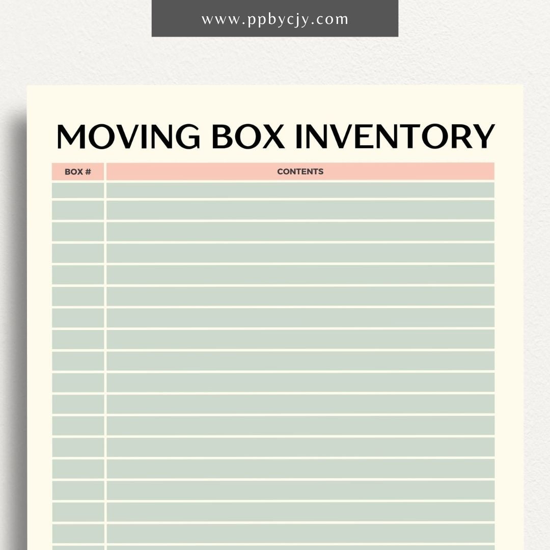 Moving Box Inventory Printable Template – Digital download for cataloging and tracking the contents of each moving box, including descriptions and locations.