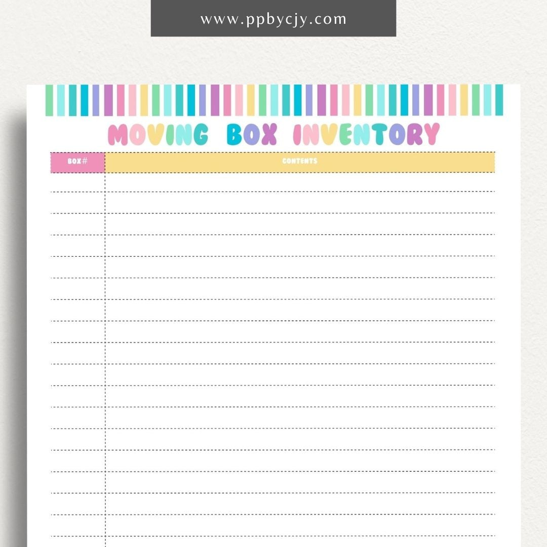 Moving Box Inventory Printable Template – Digital download for cataloging and tracking the contents of each moving box, including descriptions and locations.