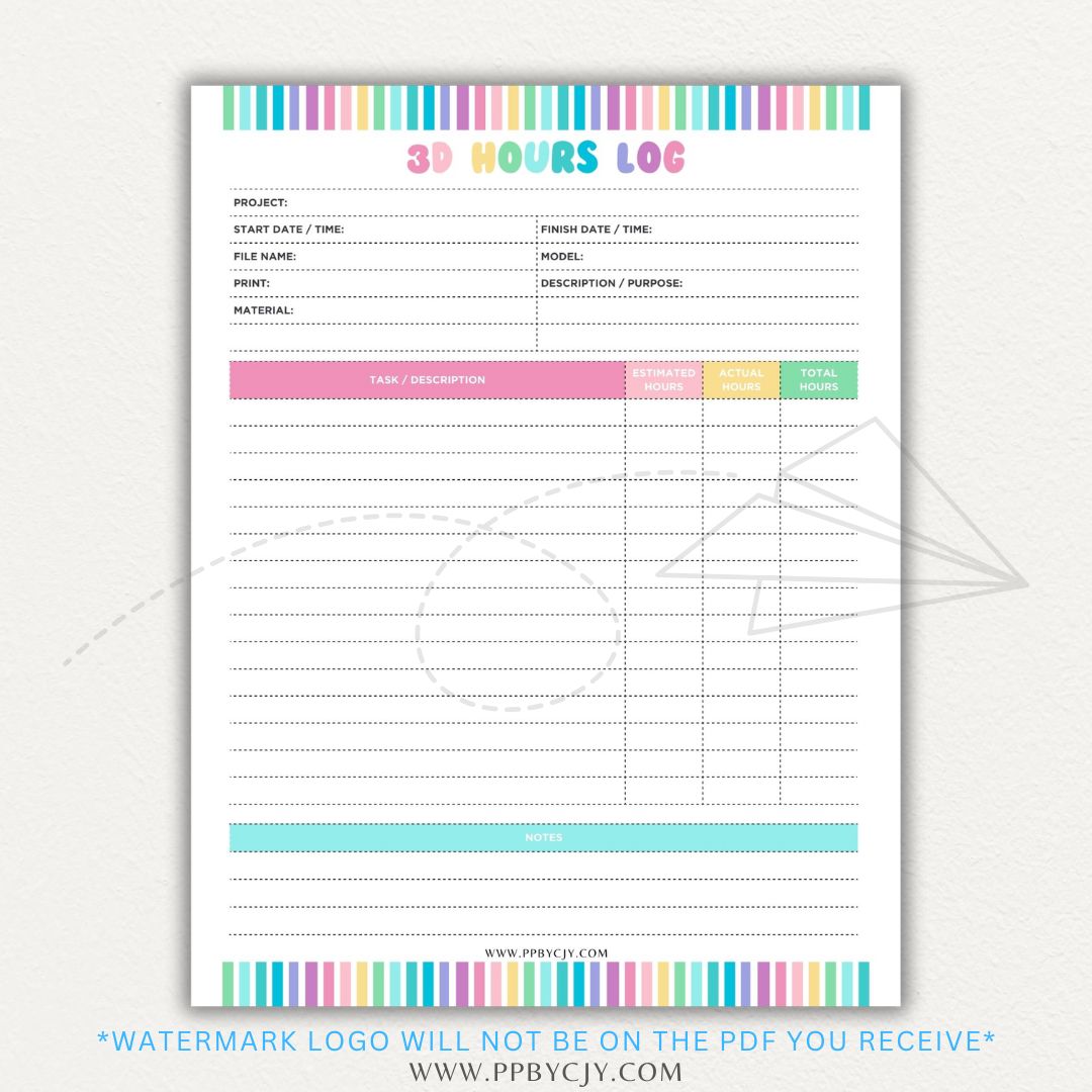 3D Printing Hours Log Printable PDF Template for Tracking Machine Usage and Print Time