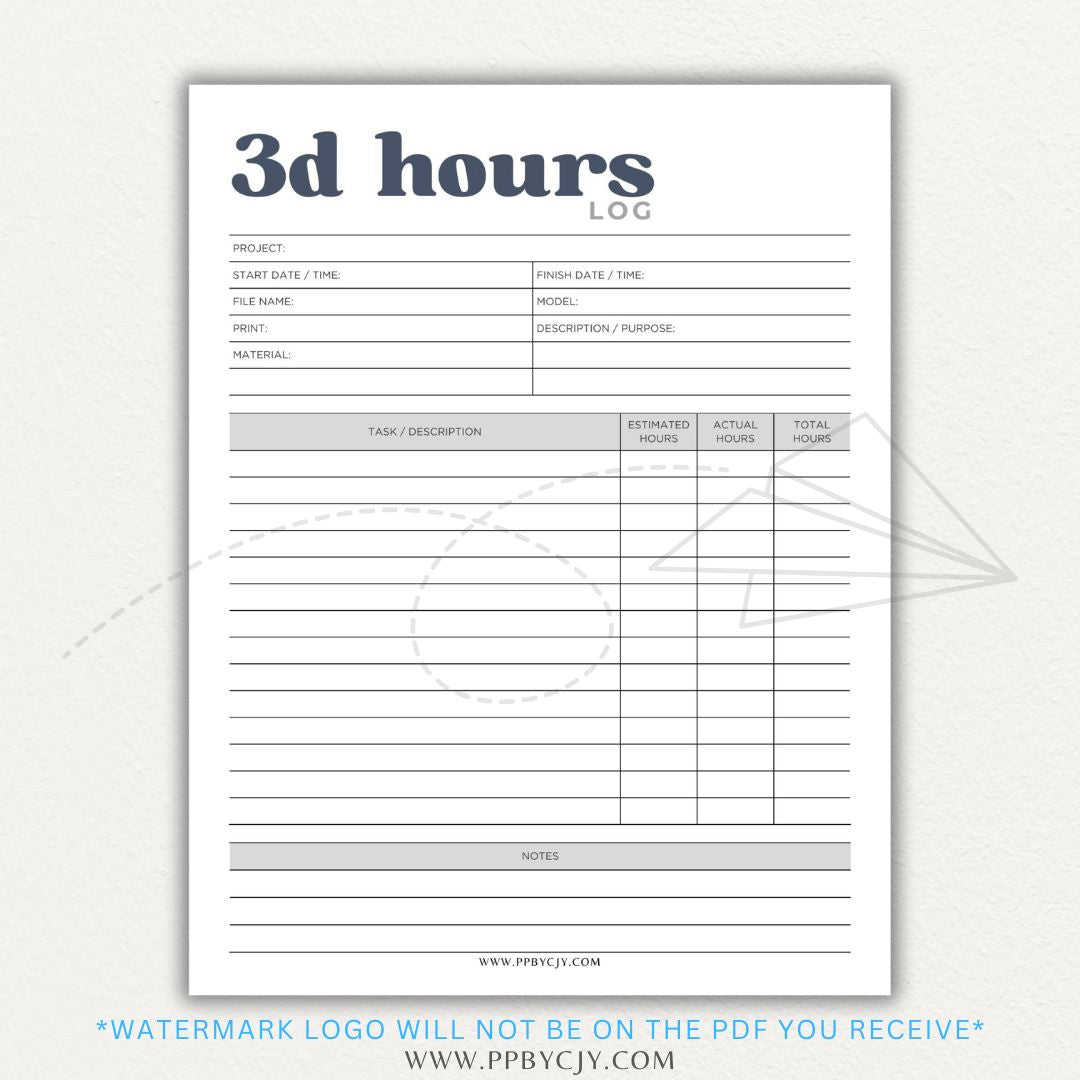 3D Printing Hours Log Printable PDF Template for Tracking Machine Usage and Print Time