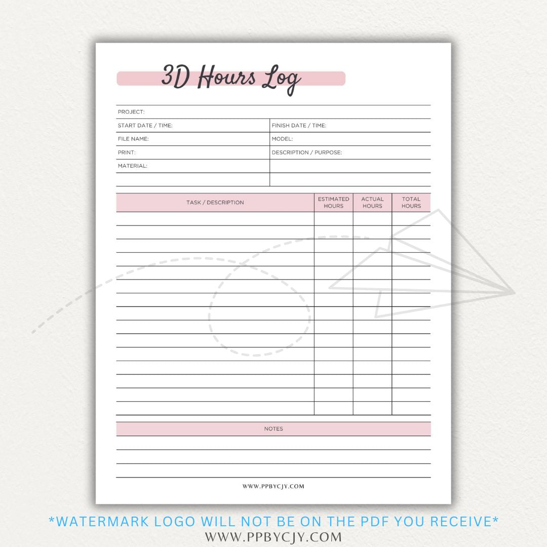 3D Printing Hours Log Printable PDF Template for Tracking Machine Usage and Print Time