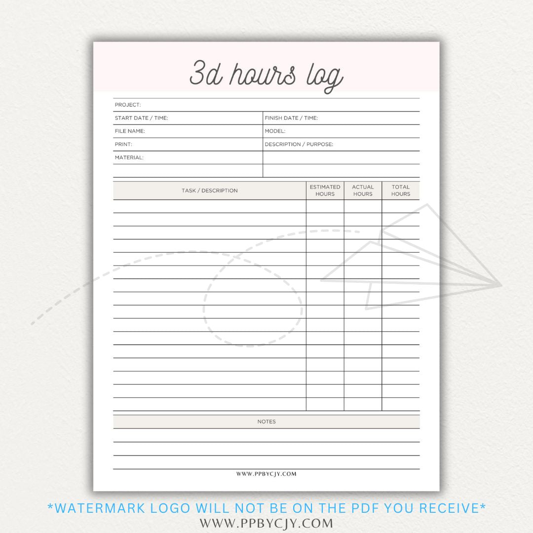 3D Printing Hours Log Printable PDF Template for Tracking Machine Usage and Print Time