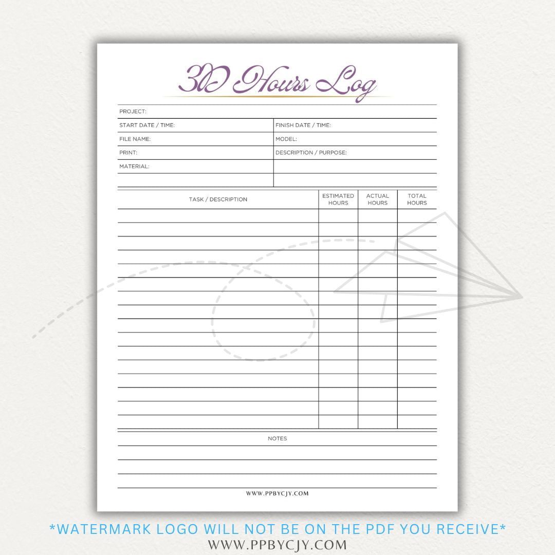 3D Printing Hours Log Printable PDF Template for Tracking Machine Usage and Print Time