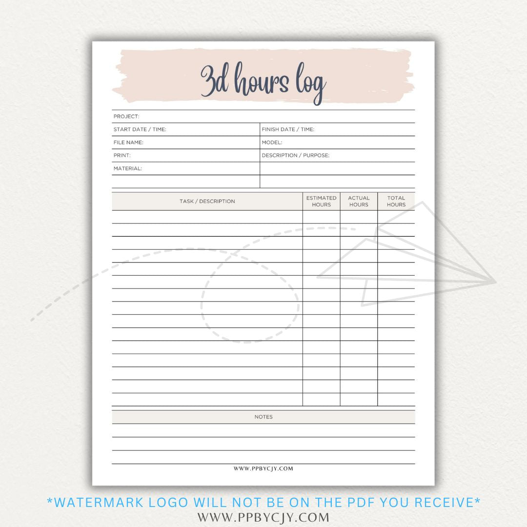 3D Printing Hours Log Printable PDF Template for Tracking Machine Usage and Print Time