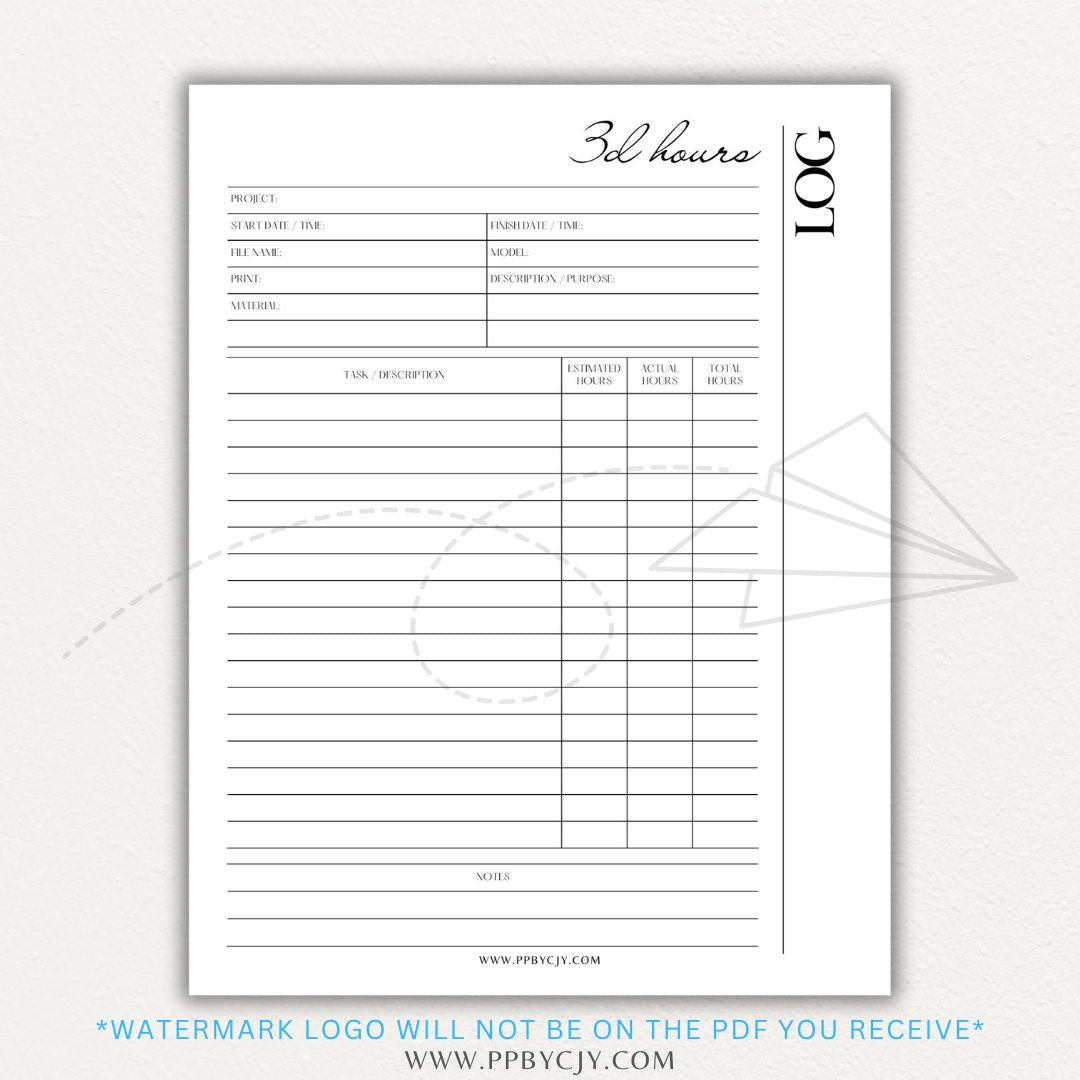 3D Printing Hours Log Printable PDF Template for Tracking Machine Usage and Print Time