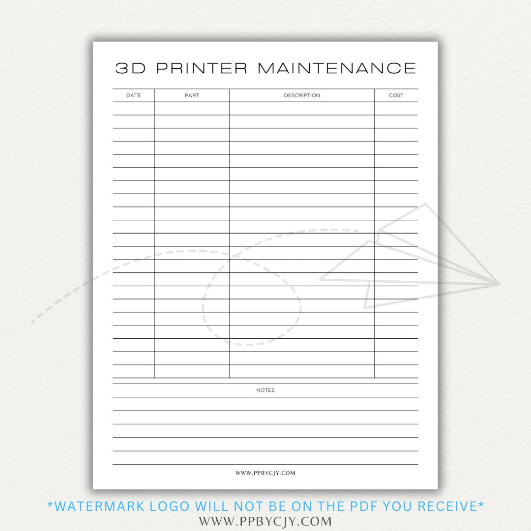 3D Printer Maintenance Printable PDF Template for tracking upkeep and repairs.