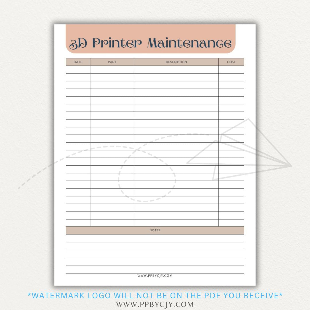3D Printer Maintenance Printable PDF Template for tracking upkeep and repairs.