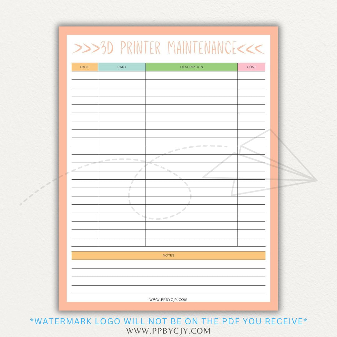 3D Printer Maintenance Printable PDF Template for tracking upkeep and repairs.