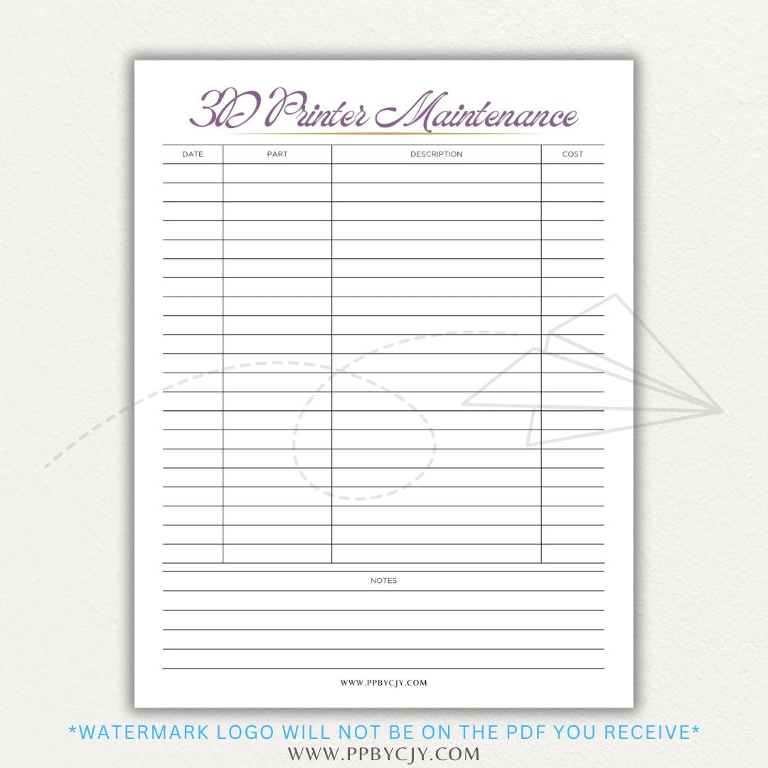 3D Printer Maintenance Printable PDF Template for tracking upkeep and repairs.