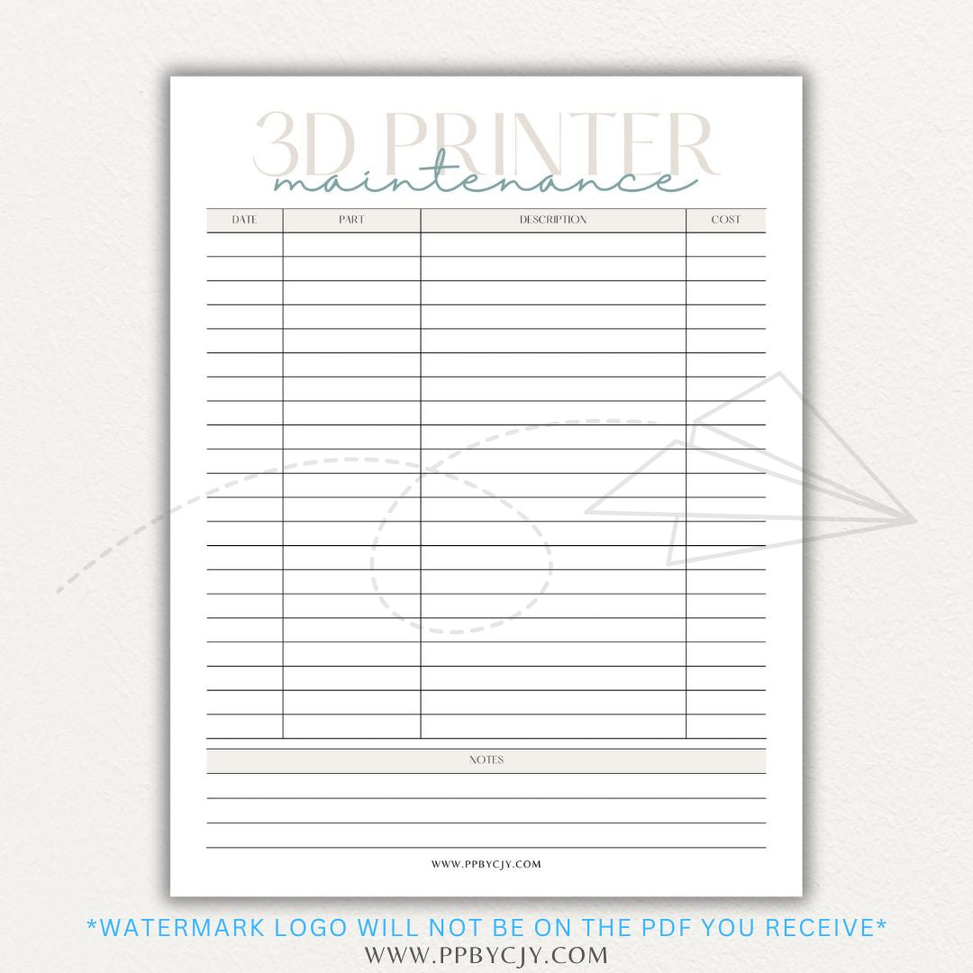 3D Printer Maintenance Printable PDF Template for tracking upkeep and repairs.