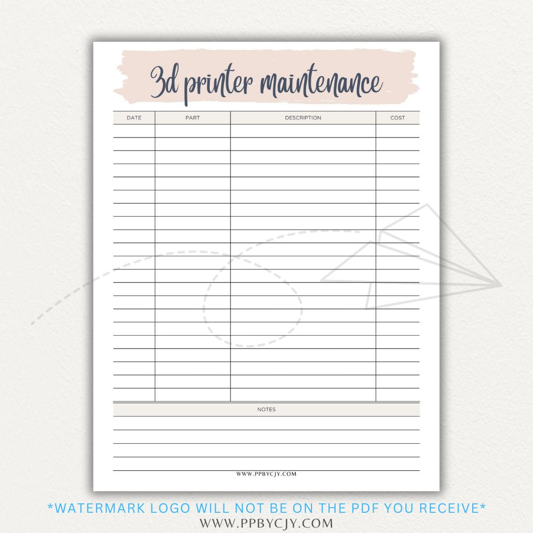 3D Printer Maintenance Printable PDF Template for tracking upkeep and repairs.