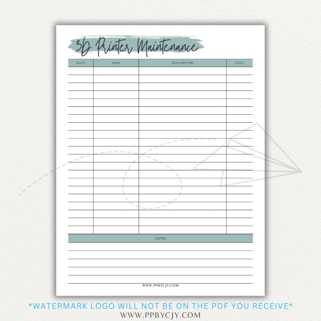 3D Printer Maintenance Printable PDF Template for tracking upkeep and repairs.