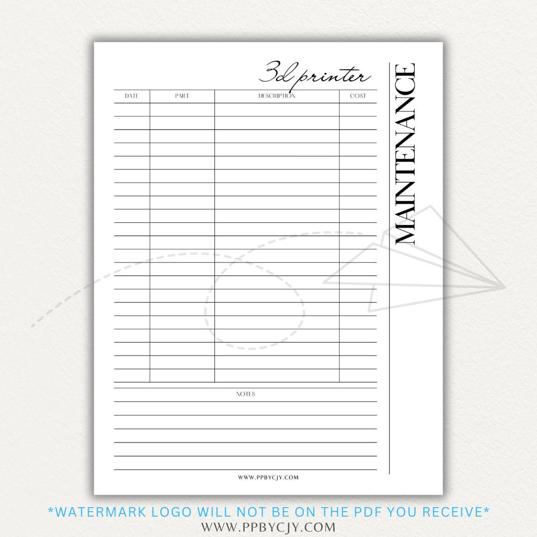 3D Printer Maintenance Printable PDF Template for tracking upkeep and repairs.