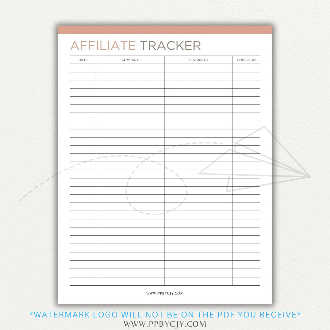 Affiliate Tracker Printable PDF Template with sections for affiliate links, commissions, and sales.