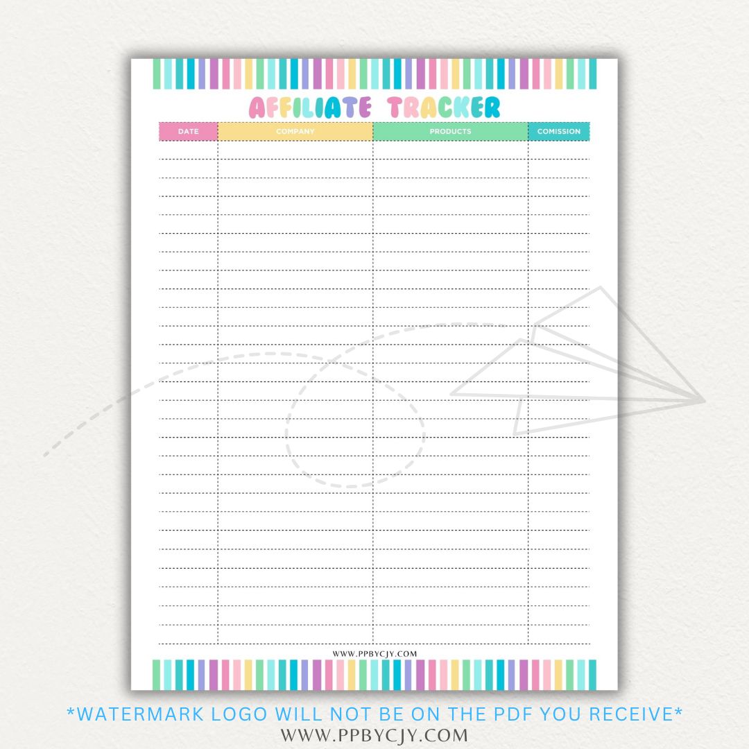 Affiliate Tracker Printable PDF Template with sections for affiliate links, commissions, and sales.
