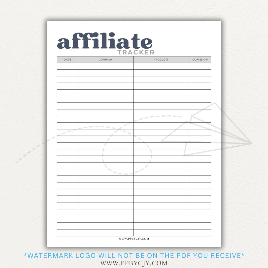 Affiliate Tracker Printable PDF Template with sections for affiliate links, commissions, and sales.