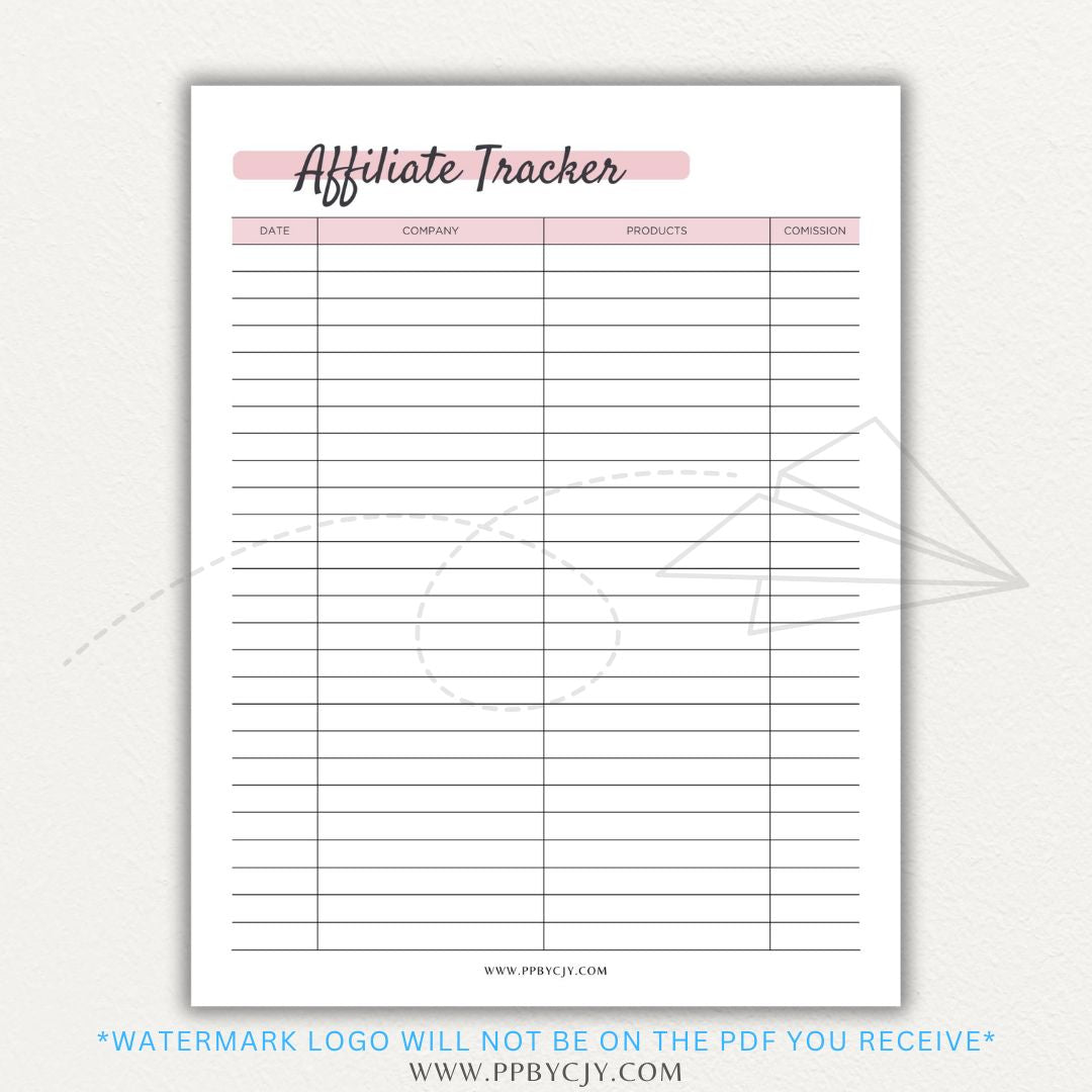 Affiliate Tracker Printable PDF Template with sections for affiliate links, commissions, and sales.