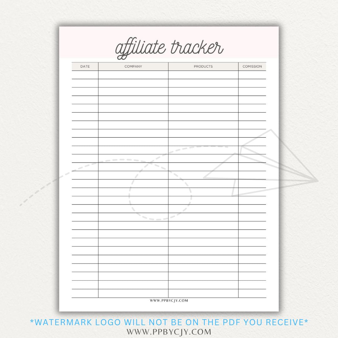 Affiliate Tracker Printable PDF Template with sections for affiliate links, commissions, and sales.