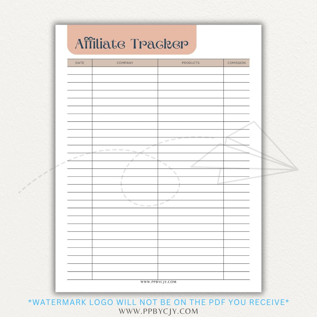 Affiliate Tracker Printable PDF Template with sections for affiliate links, commissions, and sales.