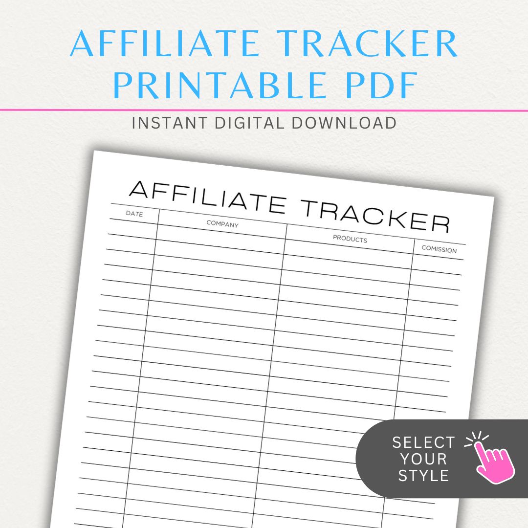 Affiliate Tracker Printable PDF Template with sections for affiliate links, commissions, and sales.
