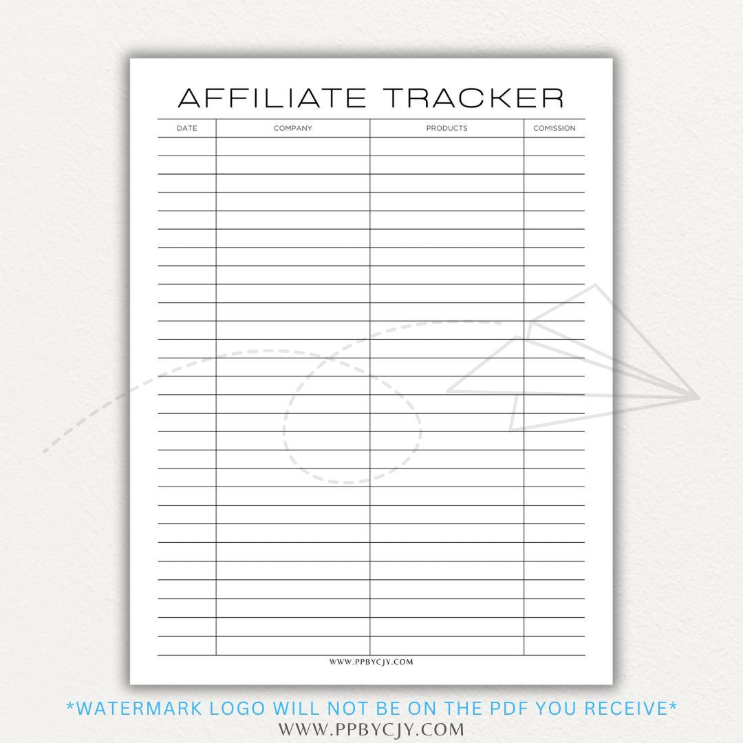 Affiliate Tracker Printable PDF Template with sections for affiliate links, commissions, and sales.