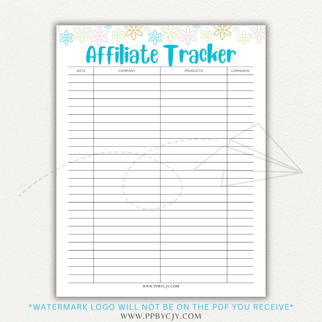 Affiliate Tracker Printable PDF Template with sections for affiliate links, commissions, and sales.