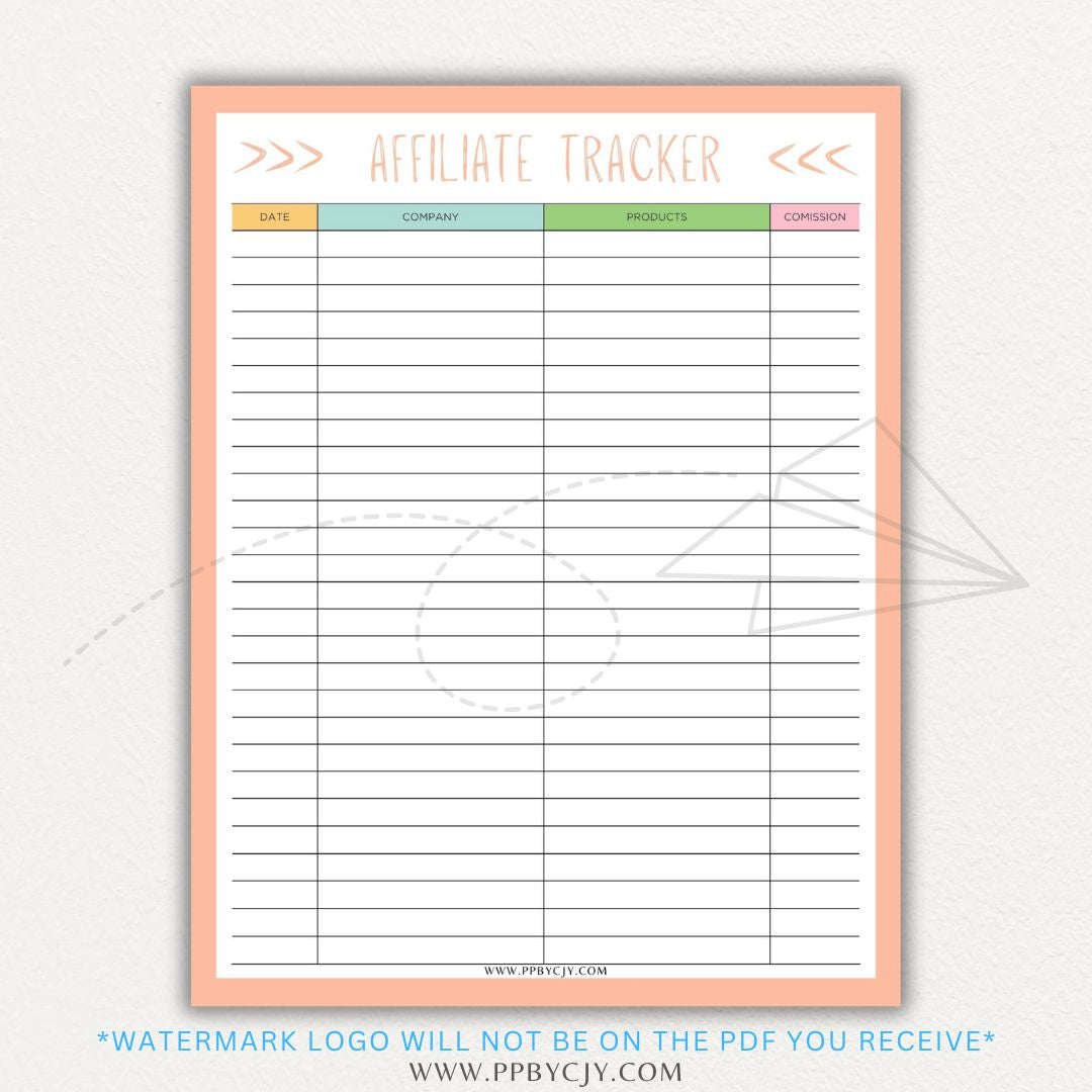 Affiliate Tracker Printable PDF Template with sections for affiliate links, commissions, and sales.