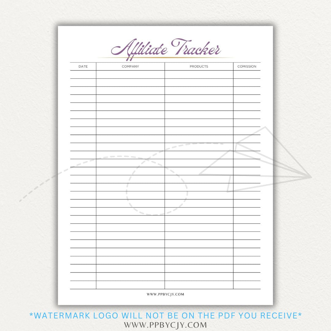 Affiliate Tracker Printable PDF Template with sections for affiliate links, commissions, and sales.