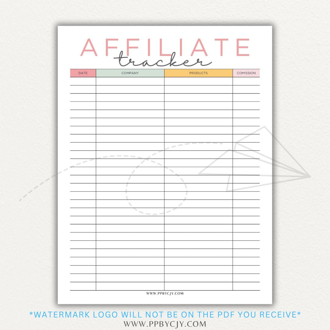 Affiliate Tracker Printable PDF Template with sections for affiliate links, commissions, and sales.