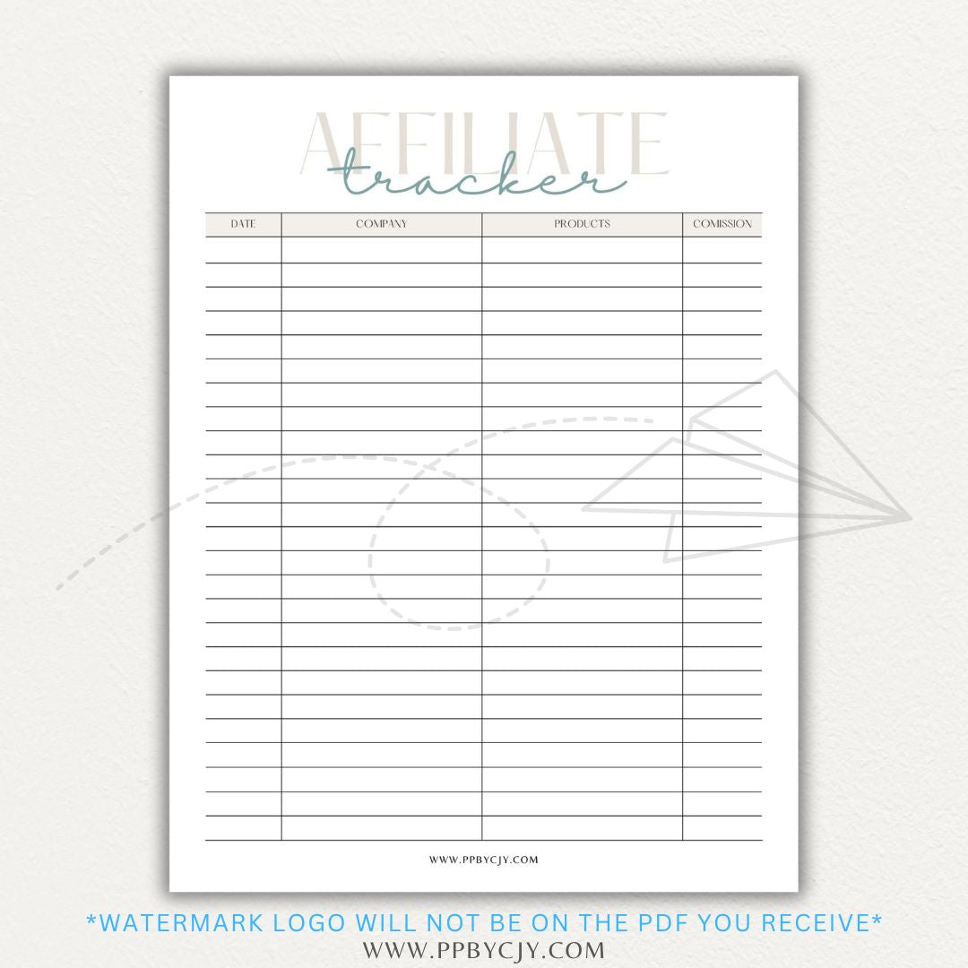 Affiliate Tracker Printable PDF Template with sections for affiliate links, commissions, and sales.