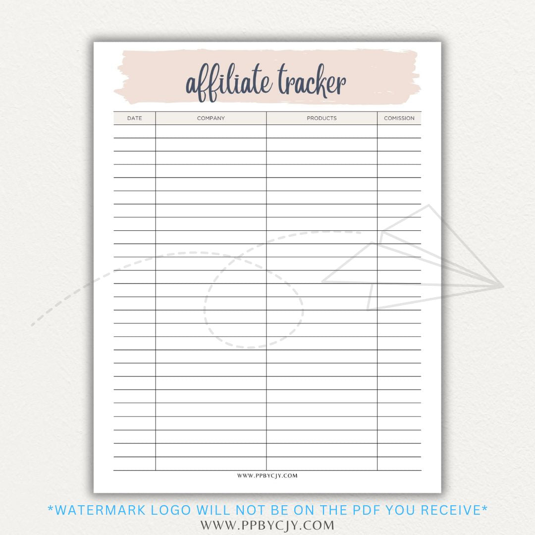 Affiliate Tracker Printable PDF Template with sections for affiliate links, commissions, and sales.