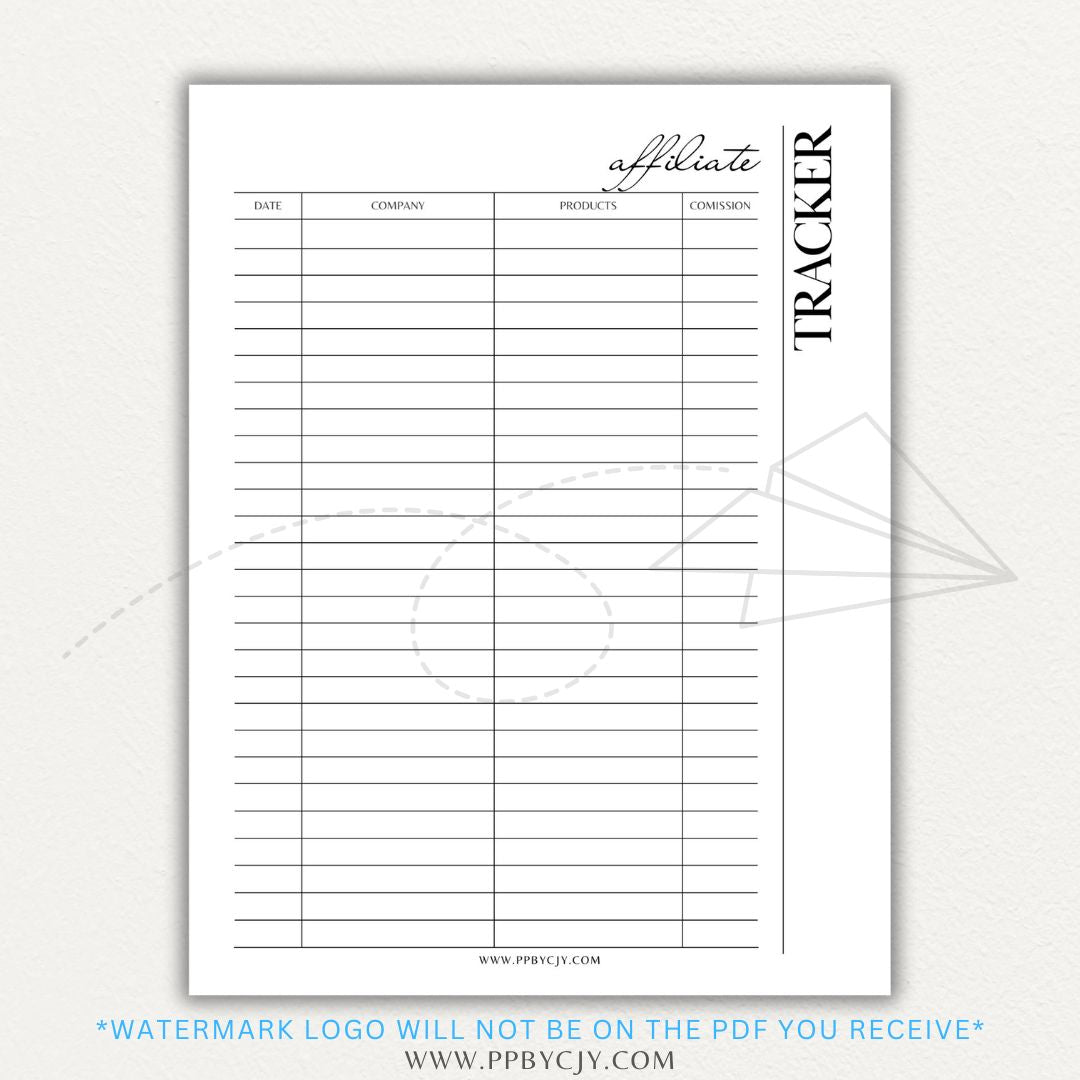 Affiliate Tracker Printable PDF Template with sections for affiliate links, commissions, and sales.
