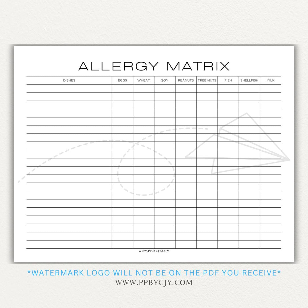 Restaurant Food Allergy Matrix Printable PDF Template for Menu Allergen Tracking