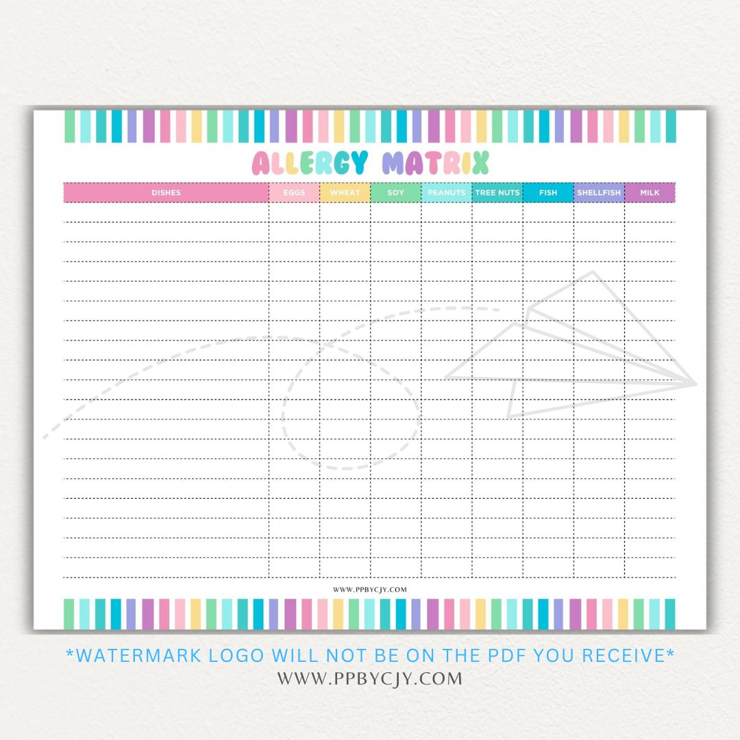 Restaurant Food Allergy Matrix Printable PDF Template for Menu Allergen Tracking